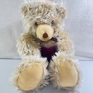 Vintage 1993 Dakin Teddy Bear Plush Shaggy Cream Purple Velvet Heart 15 Inch